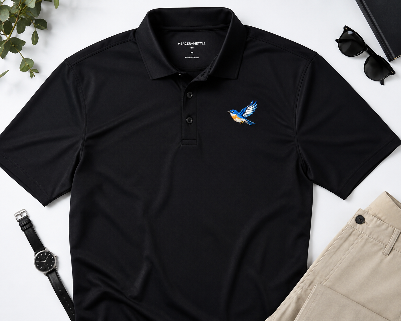 Premium Eastern Bluebird Embroidered Mercer + Mettle Performance Golf Polo Luxury Bird Lover Polo | Nature Inspired Country Club Golf Shirt.