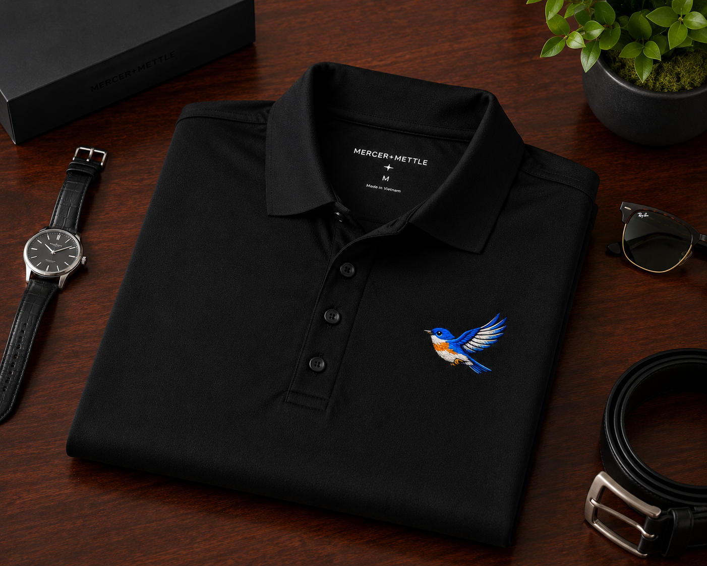Premium Eastern Bluebird Embroidered Mercer + Mettle Performance Golf Polo Luxury Bird Lover Polo | Nature Inspired Country Club Golf Shirt.