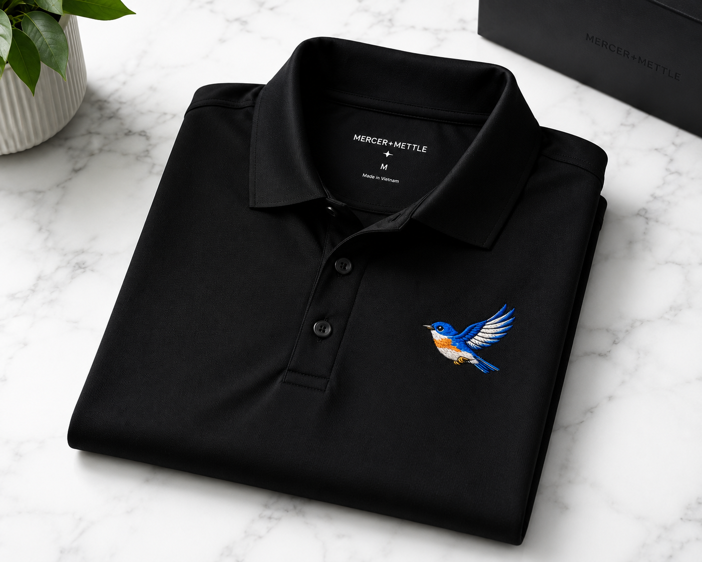 Premium Eastern Bluebird Embroidered Mercer + Mettle Performance Golf Polo Luxury Bird Lover Polo | Nature Inspired Country Club Golf Shirt.