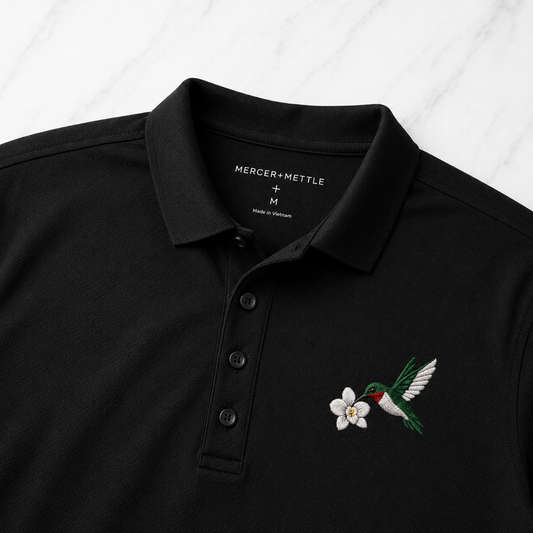 Hummingbird Premium Polo, Bird Polo, Mercer + Mettle Performance Polo, Ruby-Throated Hummingbird Embroidered Golf Shirt, Gift.