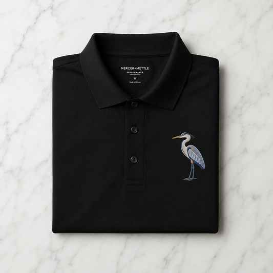 Great Blue Heron Premium Polo, Bird Polo, Mercer + Mettle Performance Golf Shirt, Embroidered Coastal Wildlife Polo, Lover Gift.