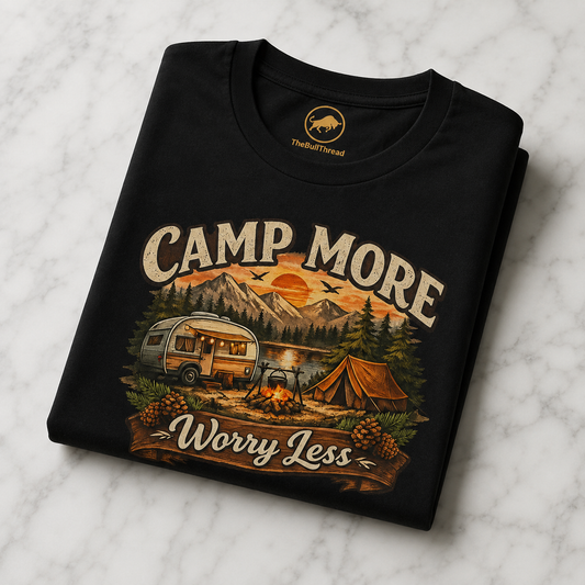 Camp More Worry Less Shirt, Premium Camping Graphic Tee, AS Colour 5001 Outdoor Adventure T-Shirt, Camper Gift for Men and Women.