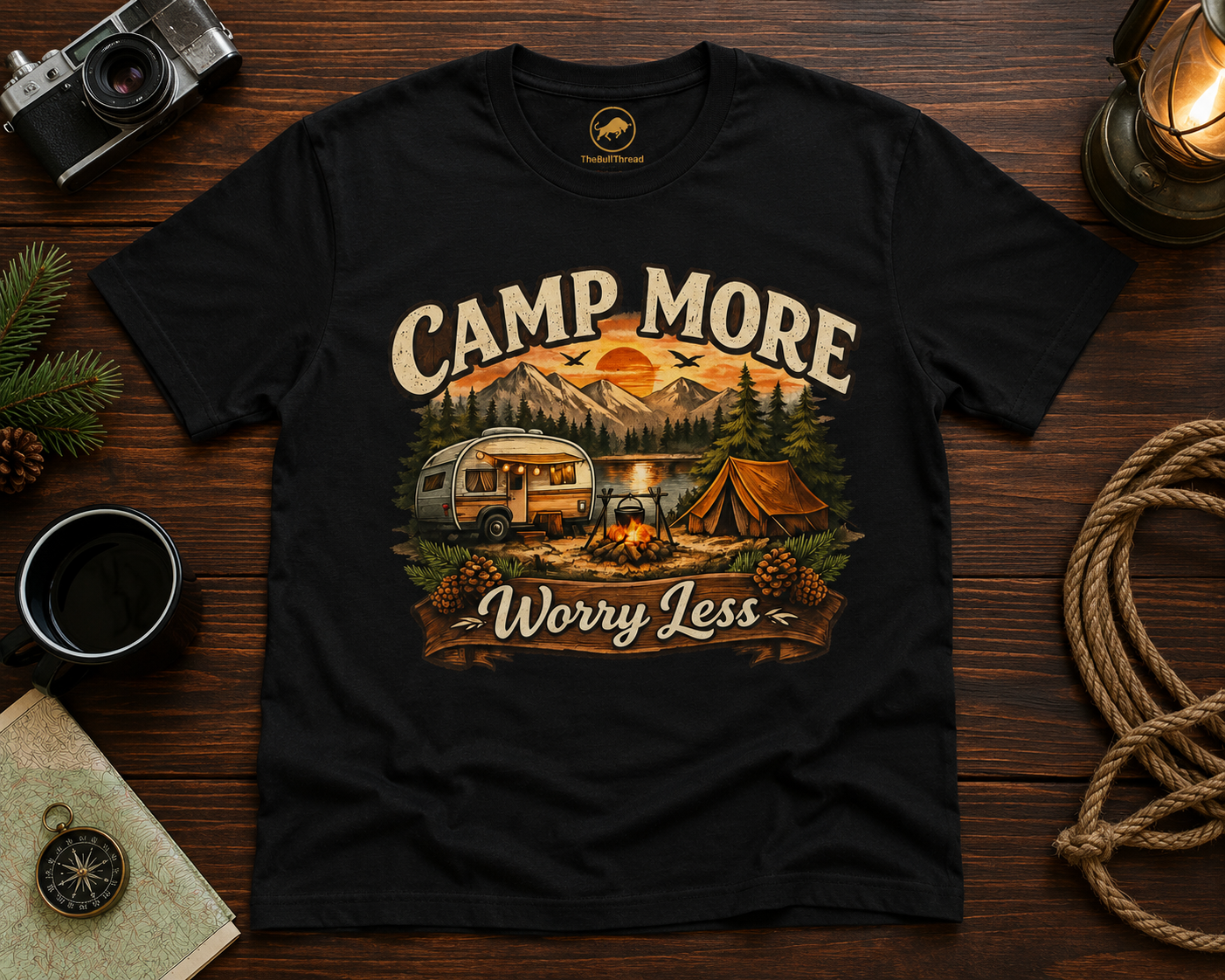 Camp More Worry Less Shirt, Premium Camping Graphic Tee, AS Colour 5001 Outdoor Adventure T-Shirt, Camper Gift for Men and Women.