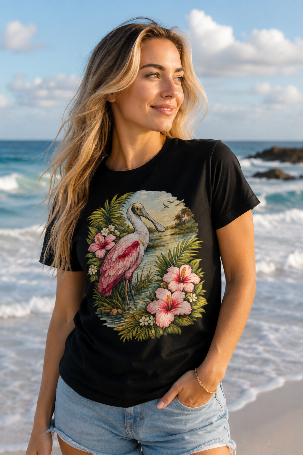 Premium Roseate Spoonbill Shirt, AS Colour 5001 Florida Wildlife Tee, Pink Coastal Bird Graphic T-Shirt, Everglades Nature Gif.