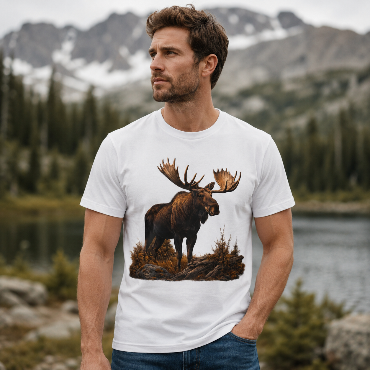 Majestic Bull Moose Shirt, Premium Wildlife Graphic Tee, Mountain Wilderness T-Shirt, Outdoorsman Gift, Moose Lover Nature Tee.