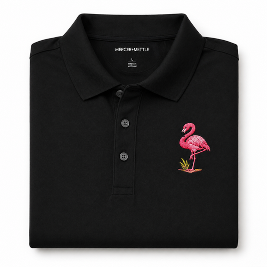 Flamingo Embroidered Polo Shirt, Premium Black Golf Polo, Florida Coastal Bird Polo, Mercer Mettle Resort Wear Gift.