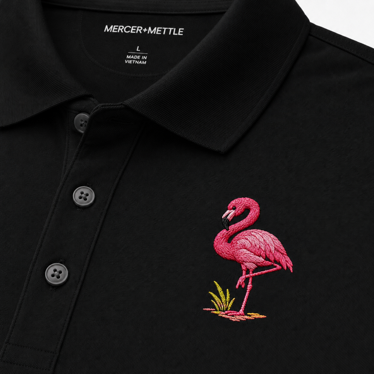 Flamingo Embroidered Polo Shirt, Premium Black Golf Polo, Florida Coastal Bird Polo, Mercer Mettle Resort Wear Gift.