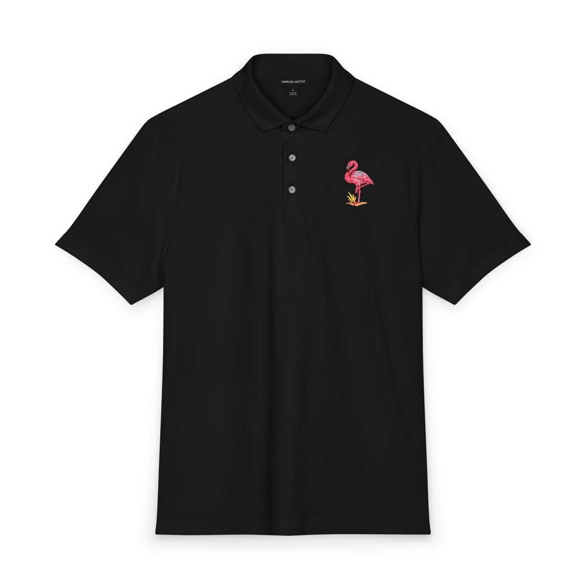Flamingo Embroidered Polo Shirt, Premium Black Golf Polo, Florida Coastal Bird Polo, Mercer Mettle Resort Wear Gift.