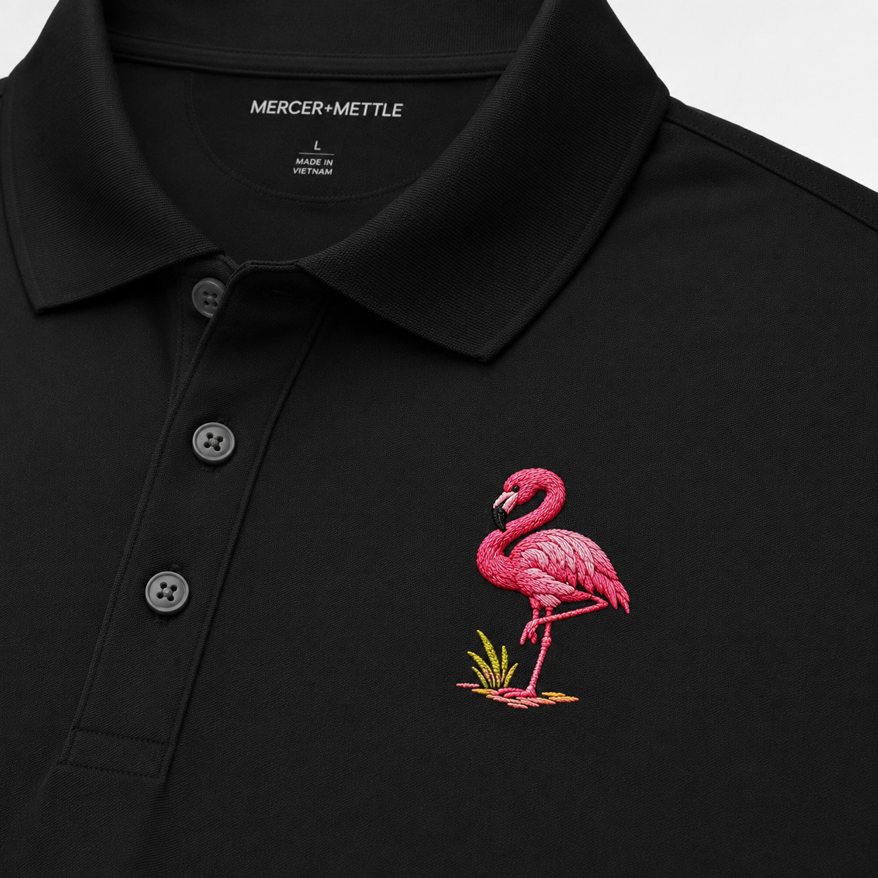 Flamingo Embroidered Polo Shirt, Premium Black Golf Polo, Florida Coastal Bird Polo, Mercer Mettle Resort Wear Gift.