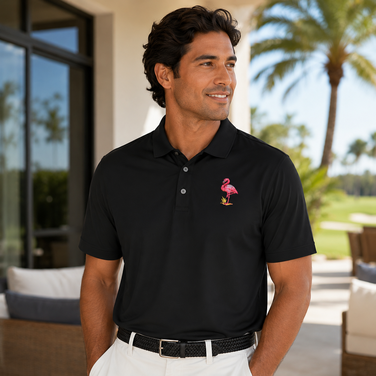 Flamingo Embroidered Polo Shirt, Premium Black Golf Polo, Florida Coastal Bird Polo, Mercer Mettle Resort Wear Gift.