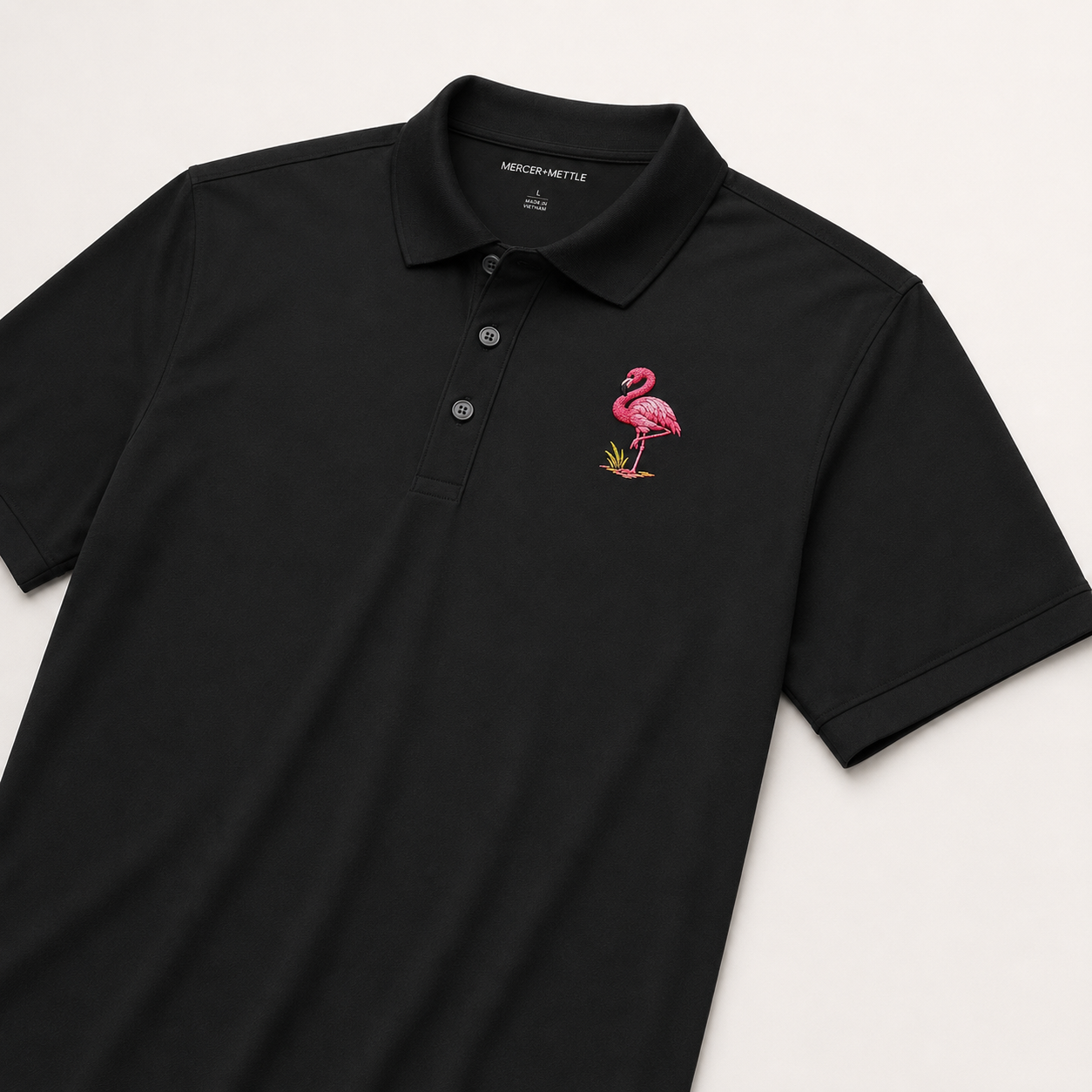 Flamingo Embroidered Polo Shirt, Premium Black Golf Polo, Florida Coastal Bird Polo, Mercer Mettle Resort Wear Gift.