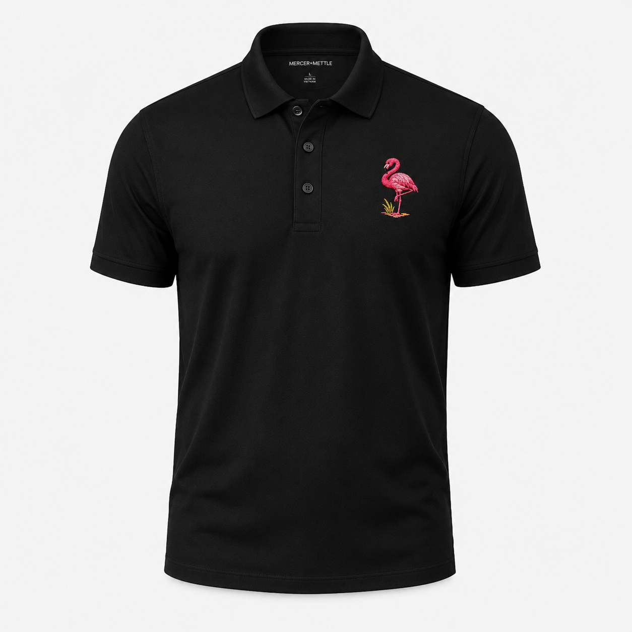 Flamingo Embroidered Polo Shirt, Premium Black Golf Polo, Florida Coastal Bird Polo, Mercer Mettle Resort Wear Gift.