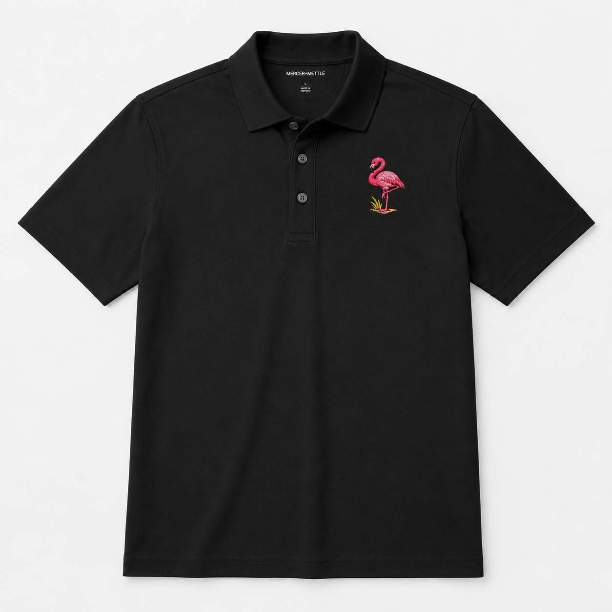 Flamingo Embroidered Polo Shirt, Premium Black Golf Polo, Florida Coastal Bird Polo, Mercer Mettle Resort Wear Gift.