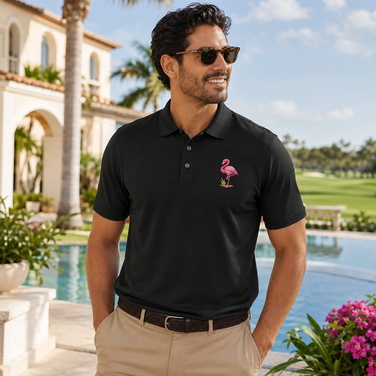 Flamingo Embroidered Polo Shirt, Premium Black Golf Polo, Florida Coastal Bird Polo, Mercer Mettle Resort Wear Gift.