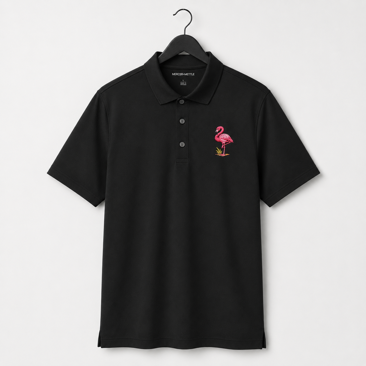Flamingo Embroidered Polo Shirt, Premium Black Golf Polo, Florida Coastal Bird Polo, Mercer Mettle Resort Wear Gift.