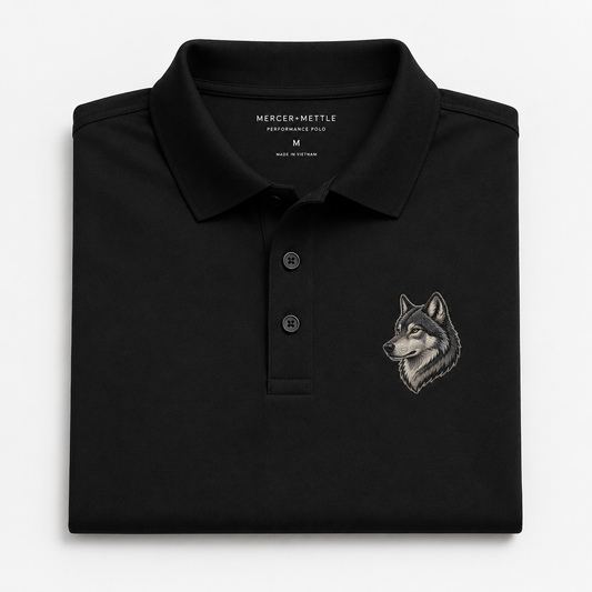 Wolf Embroidered Polo Shirt, Premium Black Mercer Mettle Golf Polo, Gray Wolf Wildlife Shirt, Lodge Outdoor Gift.