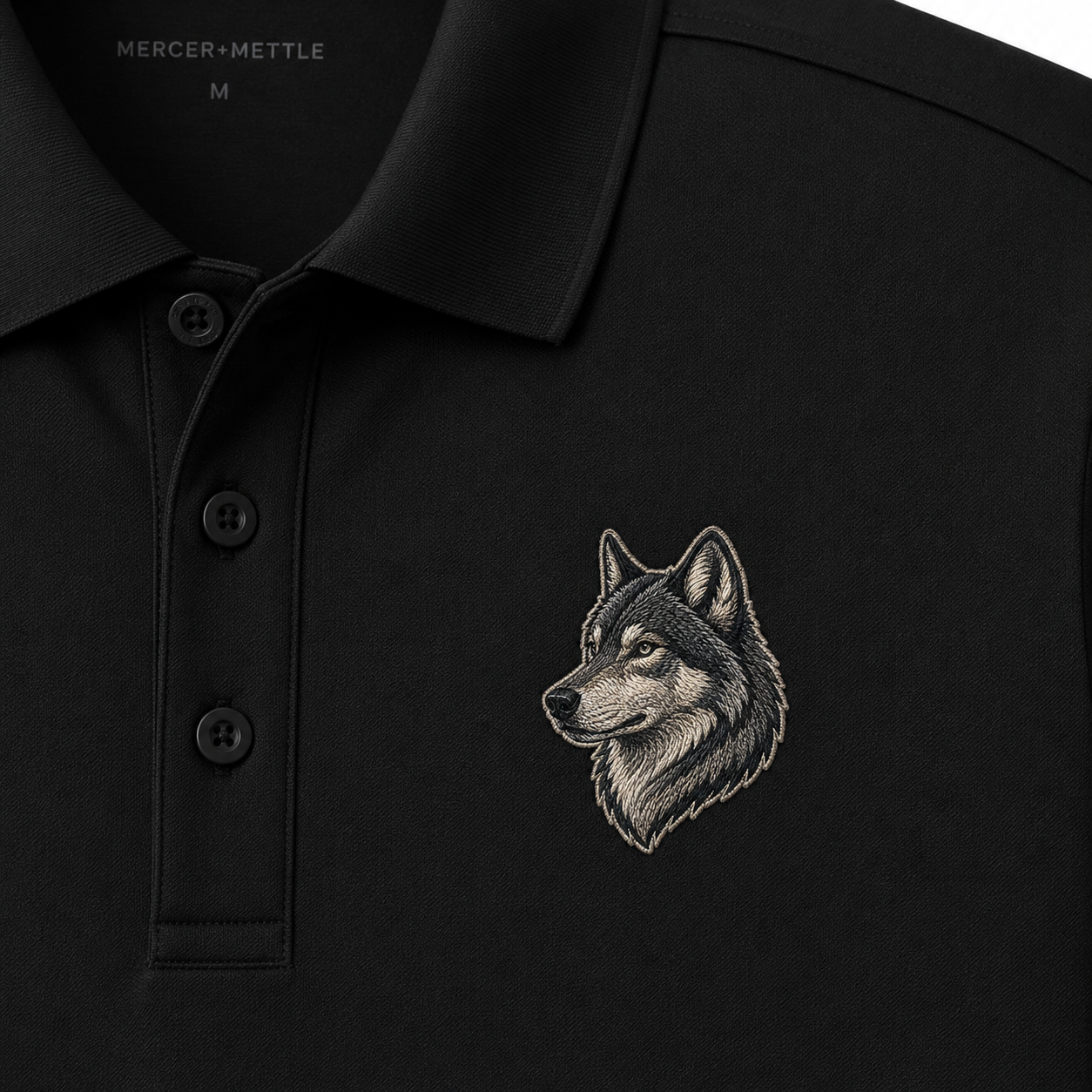 Wolf Embroidered Polo Shirt, Premium Black Mercer Mettle Golf Polo, Gray Wolf Wildlife Shirt, Lodge Outdoor Gift.