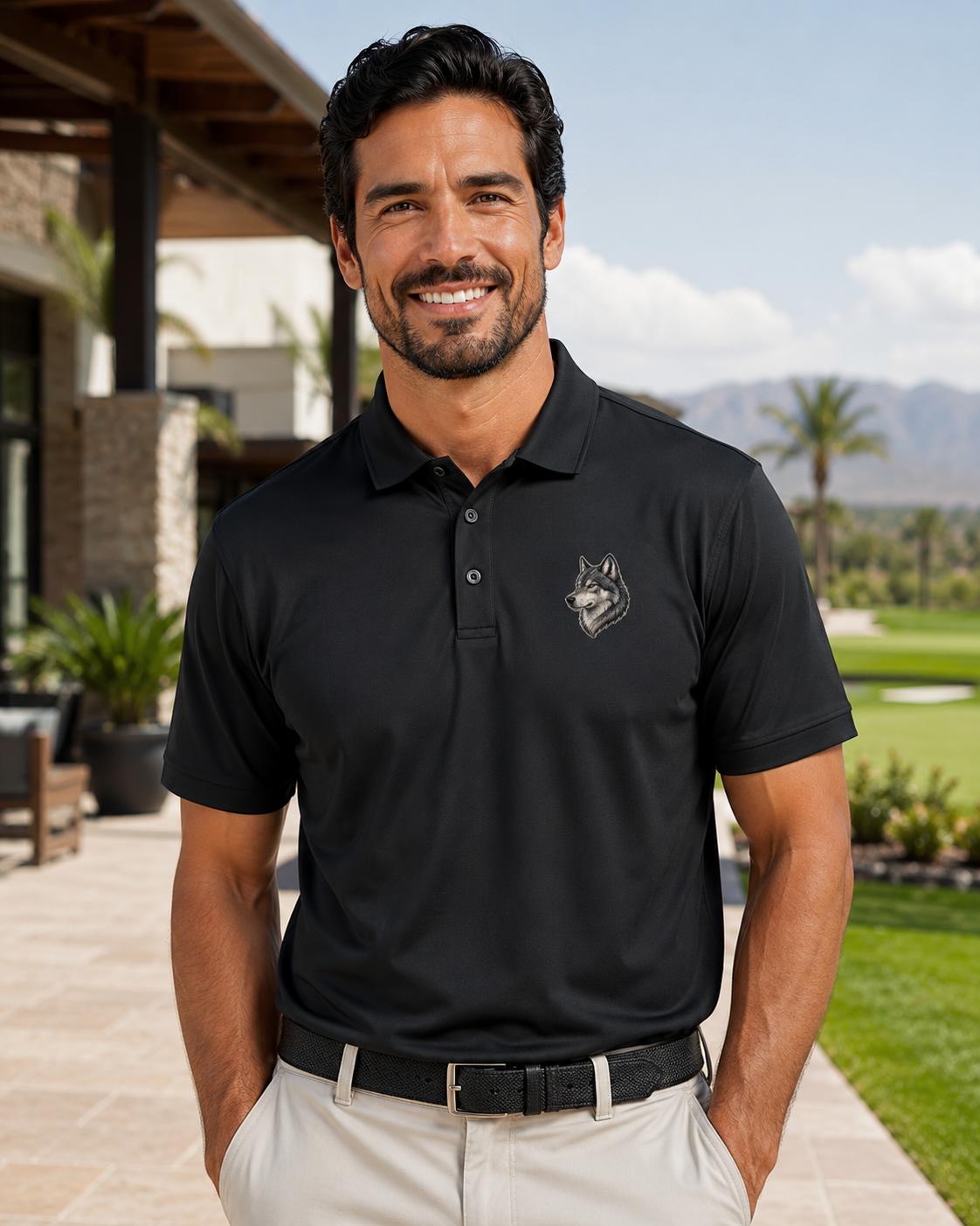 Wolf Embroidered Polo Shirt, Premium Black Mercer Mettle Golf Polo, Gray Wolf Wildlife Shirt, Lodge Outdoor Gift.