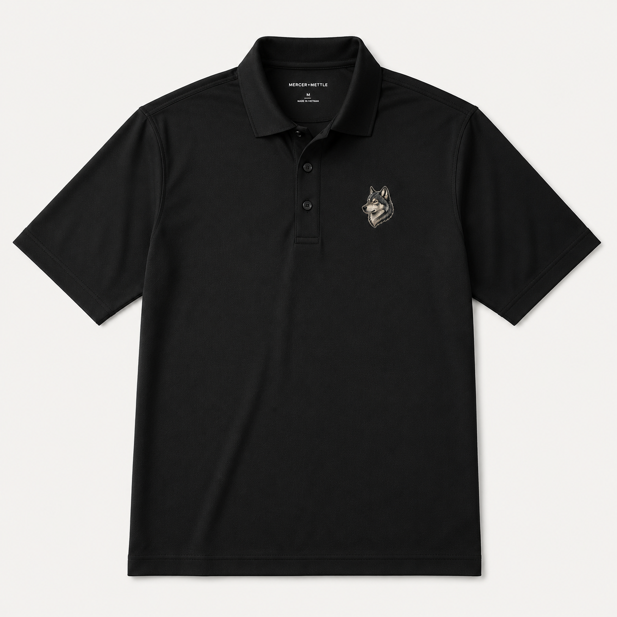 Wolf Embroidered Polo Shirt, Premium Black Mercer Mettle Golf Polo, Gray Wolf Wildlife Shirt, Lodge Outdoor Gift.