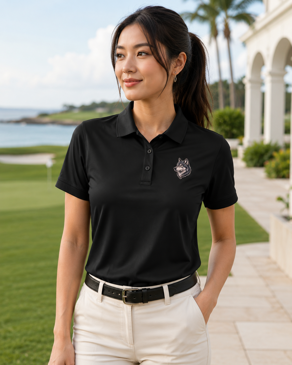 Wolf Embroidered Polo Shirt, Premium Black Mercer Mettle Golf Polo, Gray Wolf Wildlife Shirt, Lodge Outdoor Gift.