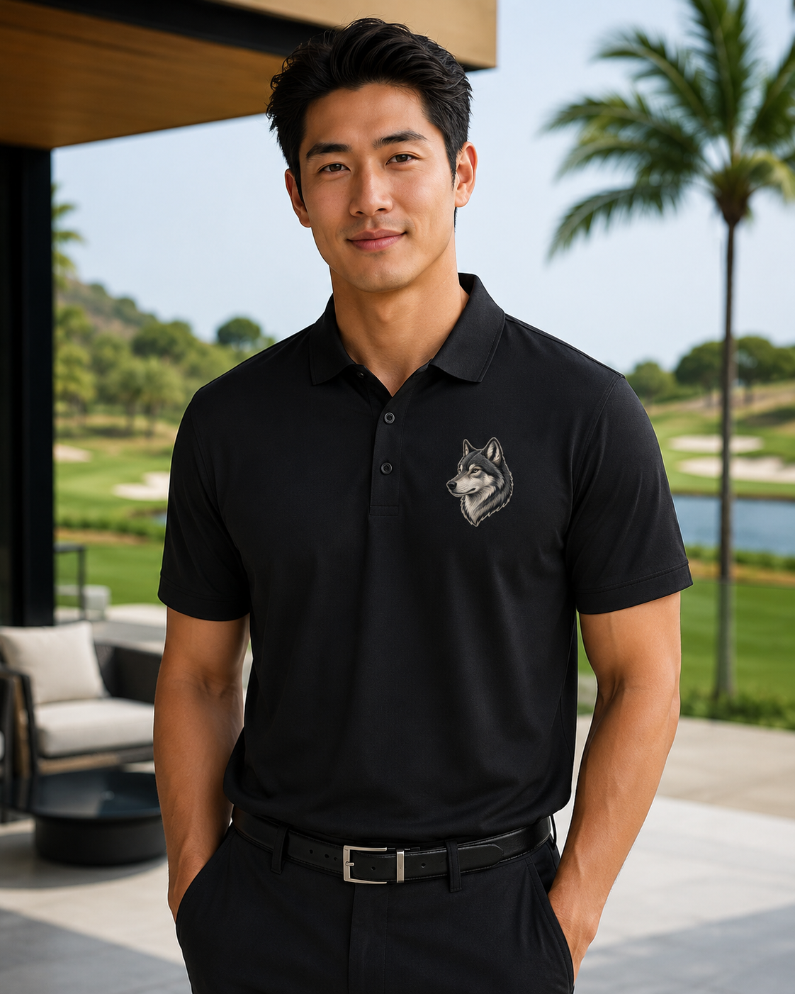 Wolf Embroidered Polo Shirt, Premium Black Mercer Mettle Golf Polo, Gray Wolf Wildlife Shirt, Lodge Outdoor Gift.