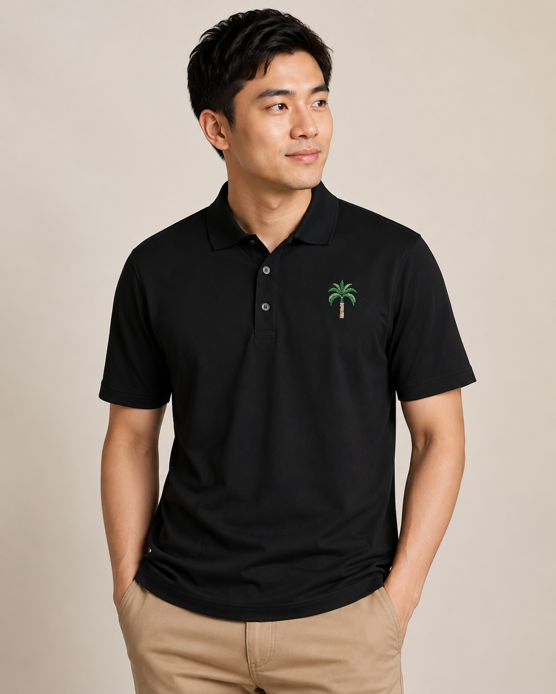 Royal Palm Premium Black Polo Shirt, Embroidered Palm Tree Golf Polo, Luxury Florida Coastal Resort Wear, Tropical Country Club Shirt.