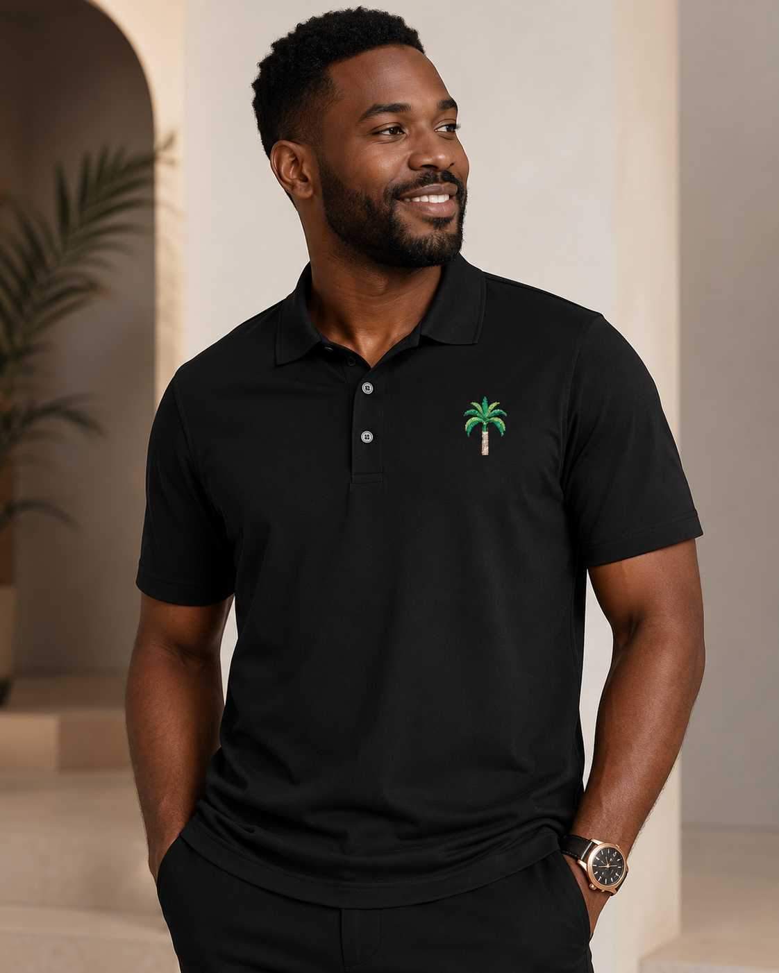 Royal Palm Premium Black Polo Shirt, Embroidered Palm Tree Golf Polo, Luxury Florida Coastal Resort Wear, Tropical Country Club Shirt.