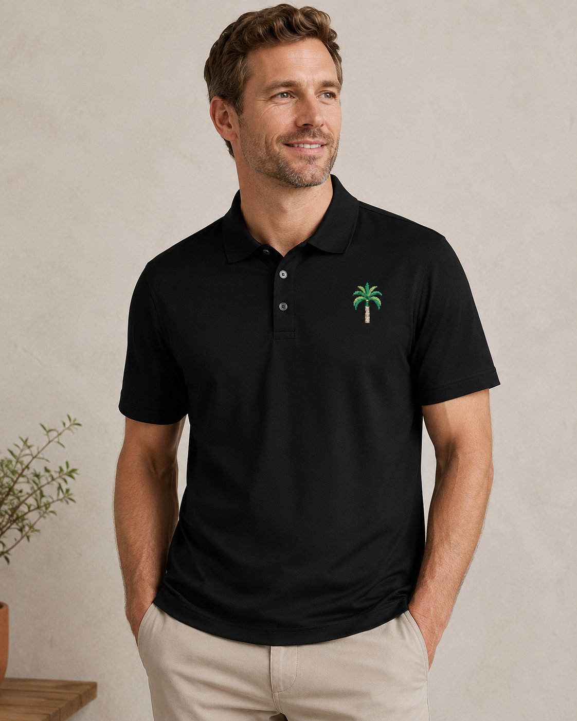 Royal Palm Premium Black Polo Shirt, Embroidered Palm Tree Golf Polo, Luxury Florida Coastal Resort Wear, Tropical Country Club Shirt.