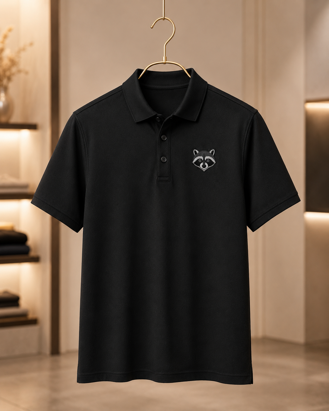 Raccoon Embroidered Black Polo Shirt, Premium Wildlife Golf Polo, Woodland Animal Shirt, Raccoon Lover Gift.