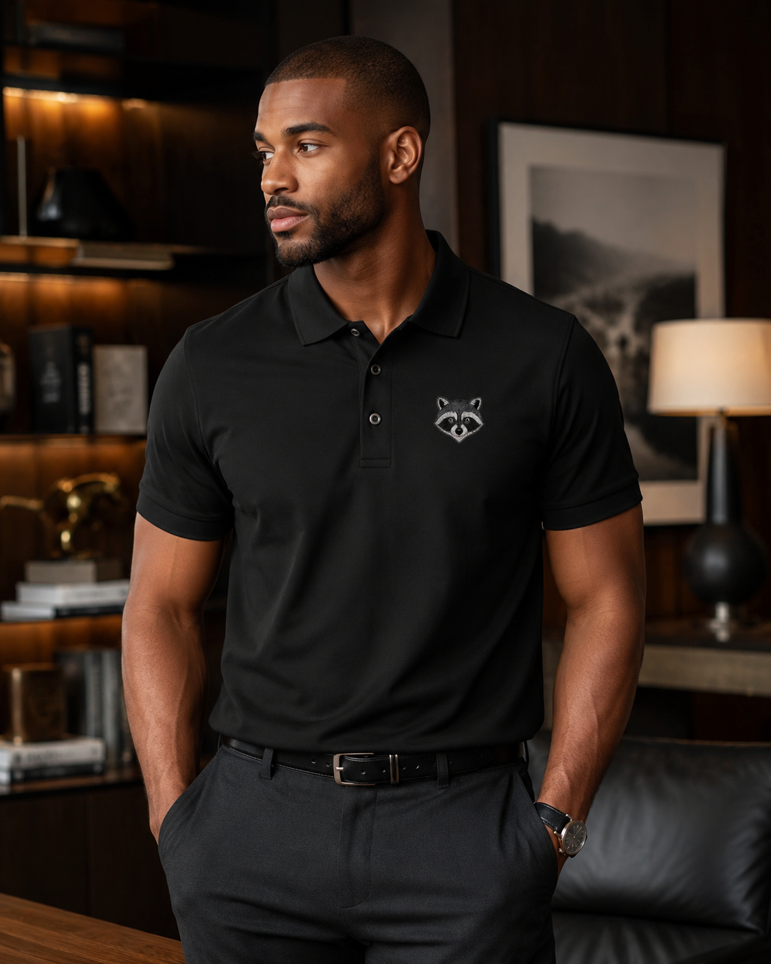 Raccoon Embroidered Black Polo Shirt, Premium Wildlife Golf Polo, Woodland Animal Shirt, Raccoon Lover Gift.