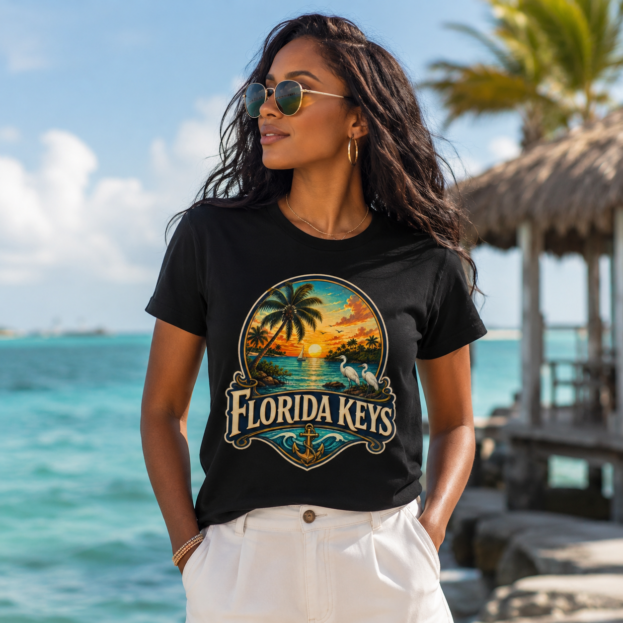 Florida Keys Shirt, Vintage Tropical Sunset Tee, Coastal Beach Vacation T-Shirt, Premium AS Colour 5001 Florida Travel Gift.