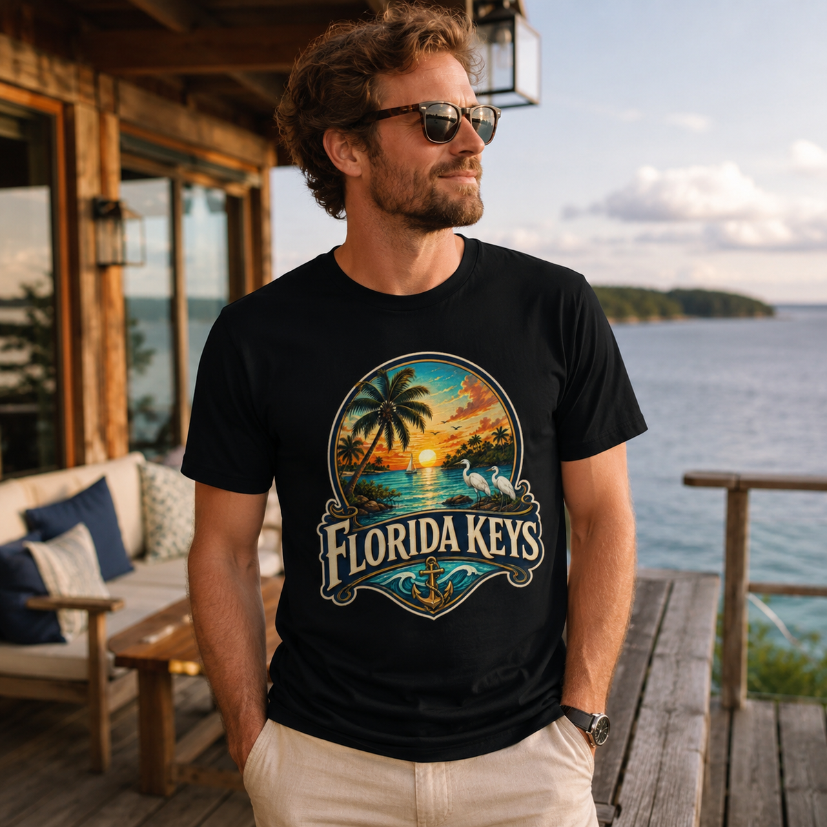 Florida Keys Shirt, Vintage Tropical Sunset Tee, Coastal Beach Vacation T-Shirt, Premium AS Colour 5001 Florida Travel Gift.