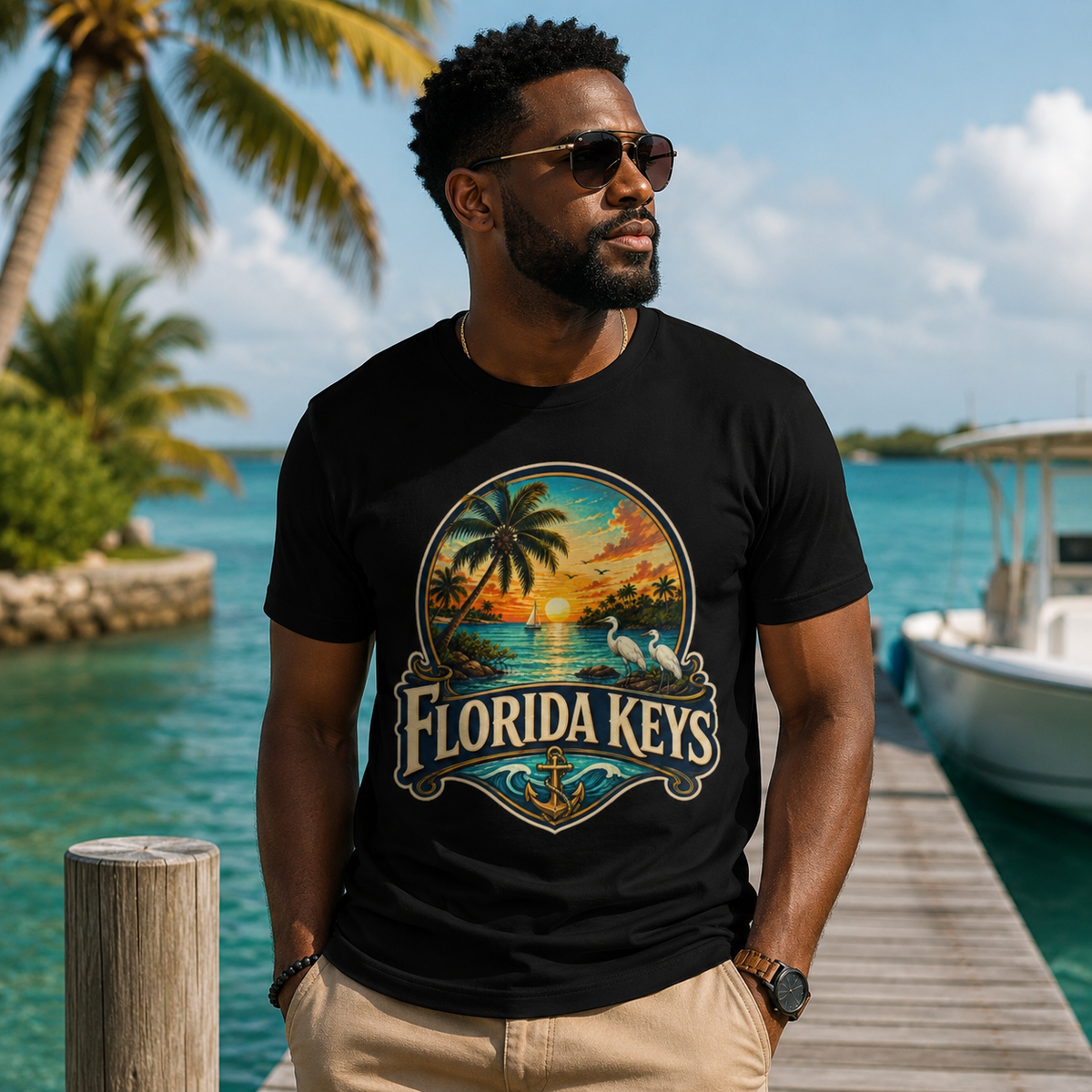 Florida Keys Shirt, Vintage Tropical Sunset Tee, Coastal Beach Vacation T-Shirt, Premium AS Colour 5001 Florida Travel Gift.