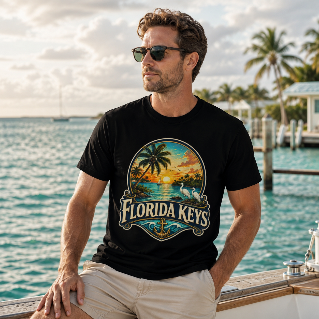 Florida Keys Shirt, Vintage Tropical Sunset Tee, Coastal Beach Vacation T-Shirt, Premium AS Colour 5001 Florida Travel Gift.