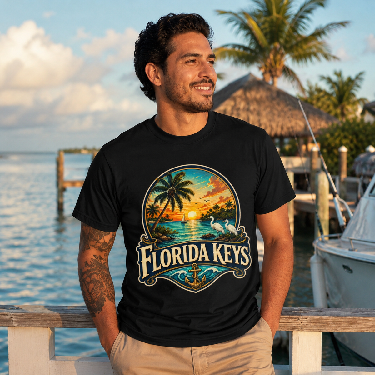 Florida Keys Shirt, Vintage Tropical Sunset Tee, Coastal Beach Vacation T-Shirt, Premium AS Colour 5001 Florida Travel Gift.