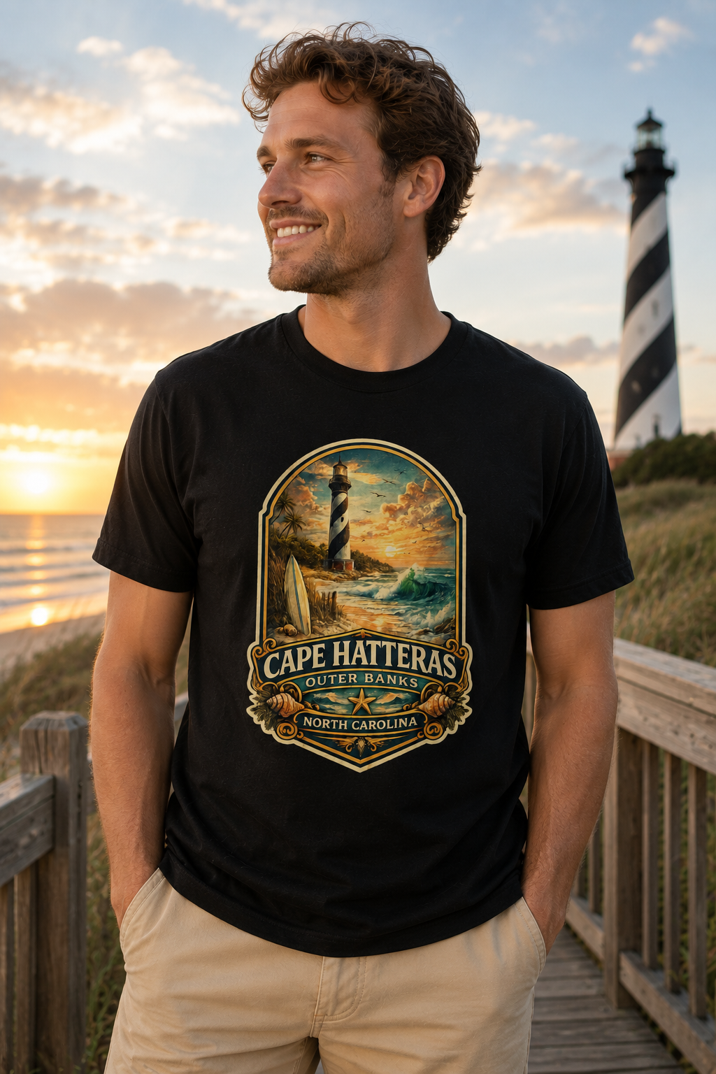 Cape Hatteras Shirt, Outer Banks Lighthouse Tee, Premium North Carolina Coastal T-Shirt.