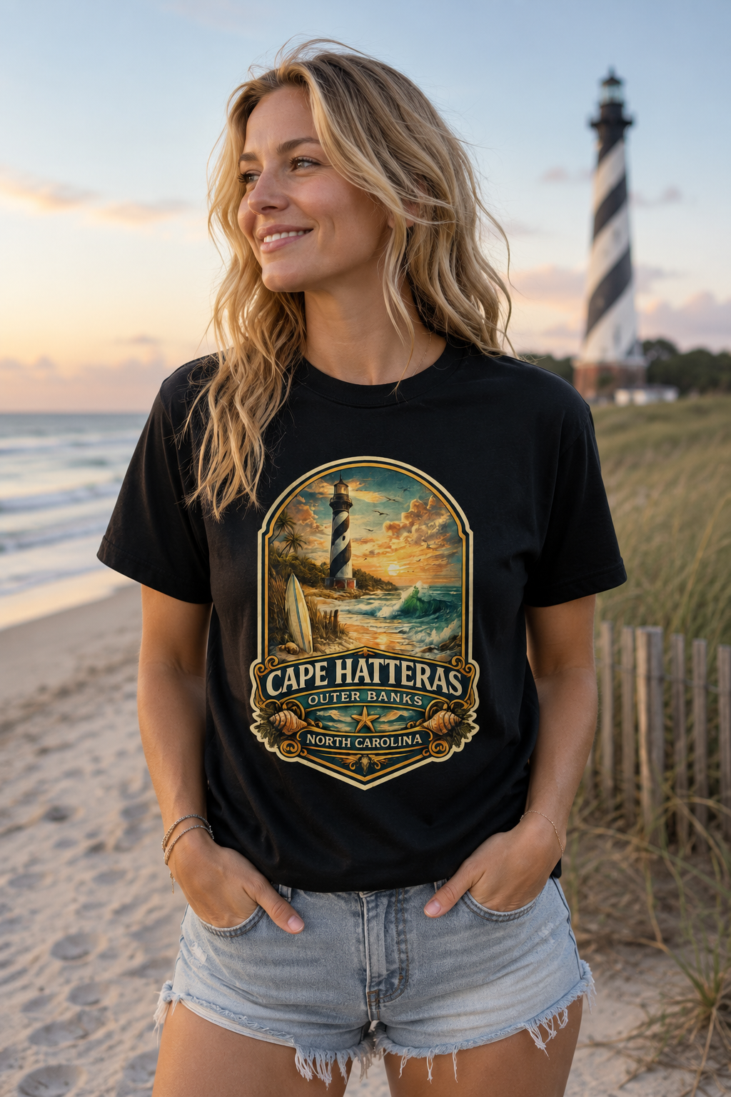 Cape Hatteras Shirt, Outer Banks Lighthouse Tee, Premium North Carolina Coastal T-Shirt.