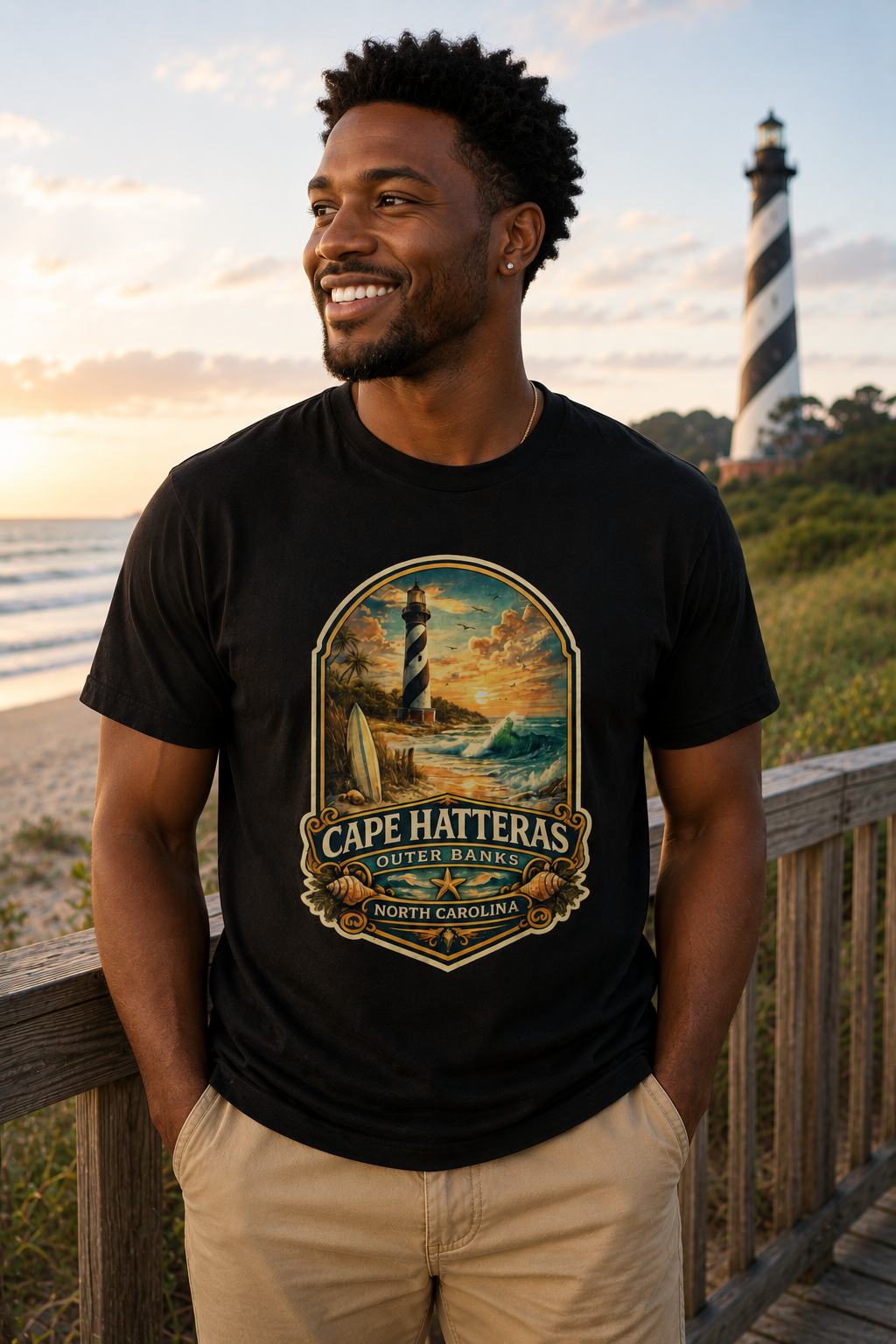 Cape Hatteras Shirt, Outer Banks Lighthouse Tee, Premium North Carolina Coastal T-Shirt.