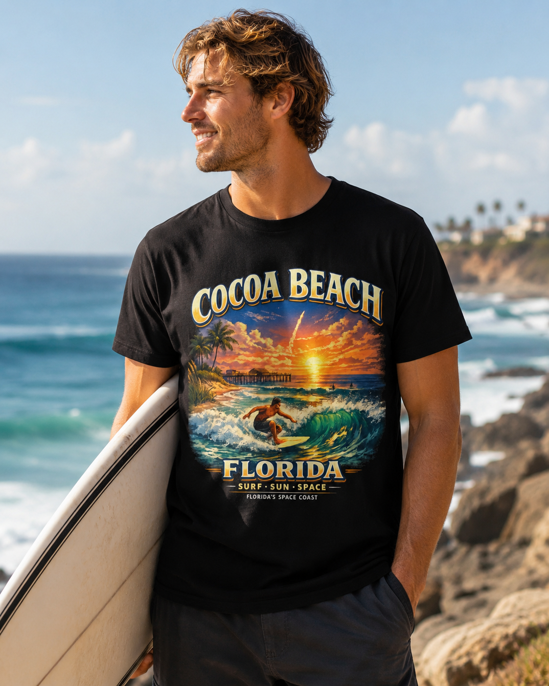 Cocoa Beach Florida Shirt, Vintage Surfing T-Shirt, Space Coast Rocket Launch Tee, Beach Vacation Gift, Florida Surfer Graphic Tee.