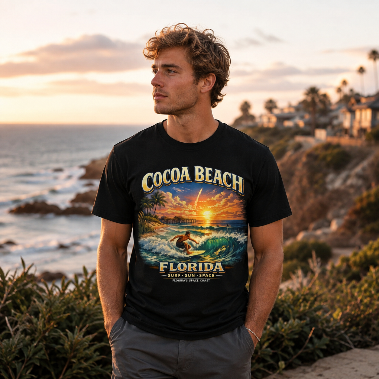 Cocoa Beach Florida Shirt, Vintage Surfing T-Shirt, Space Coast Rocket Launch Tee, Beach Vacation Gift, Florida Surfer Graphic Tee.