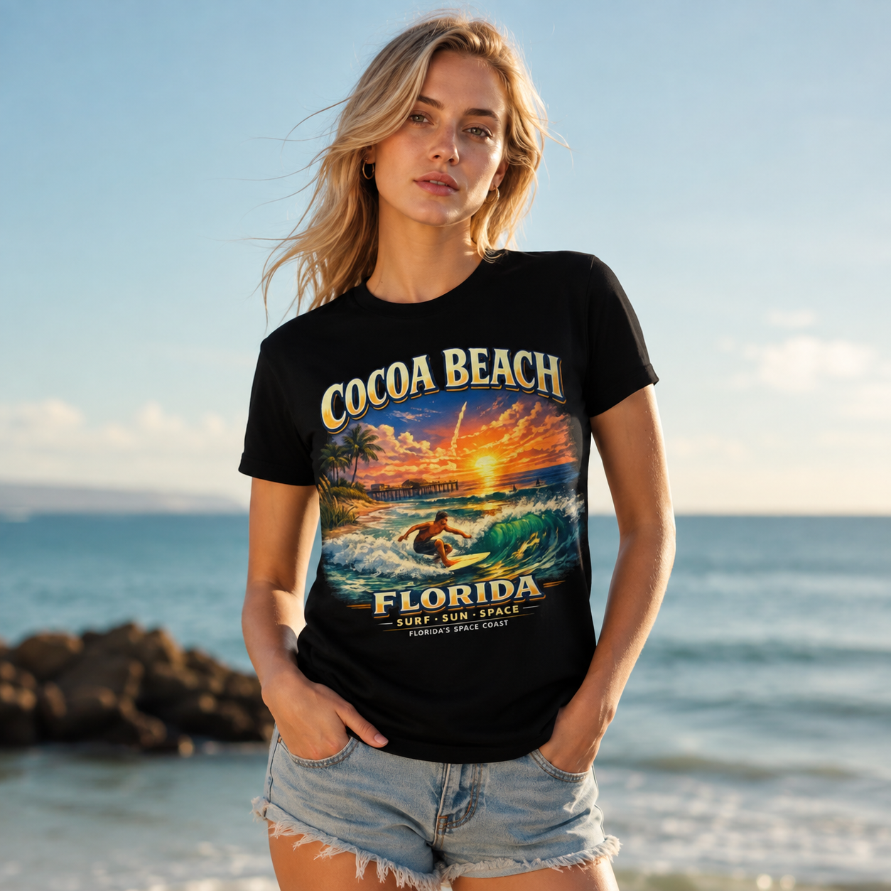 Cocoa Beach Florida Shirt, Vintage Surfing T-Shirt, Space Coast Rocket Launch Tee, Beach Vacation Gift, Florida Surfer Graphic Tee.