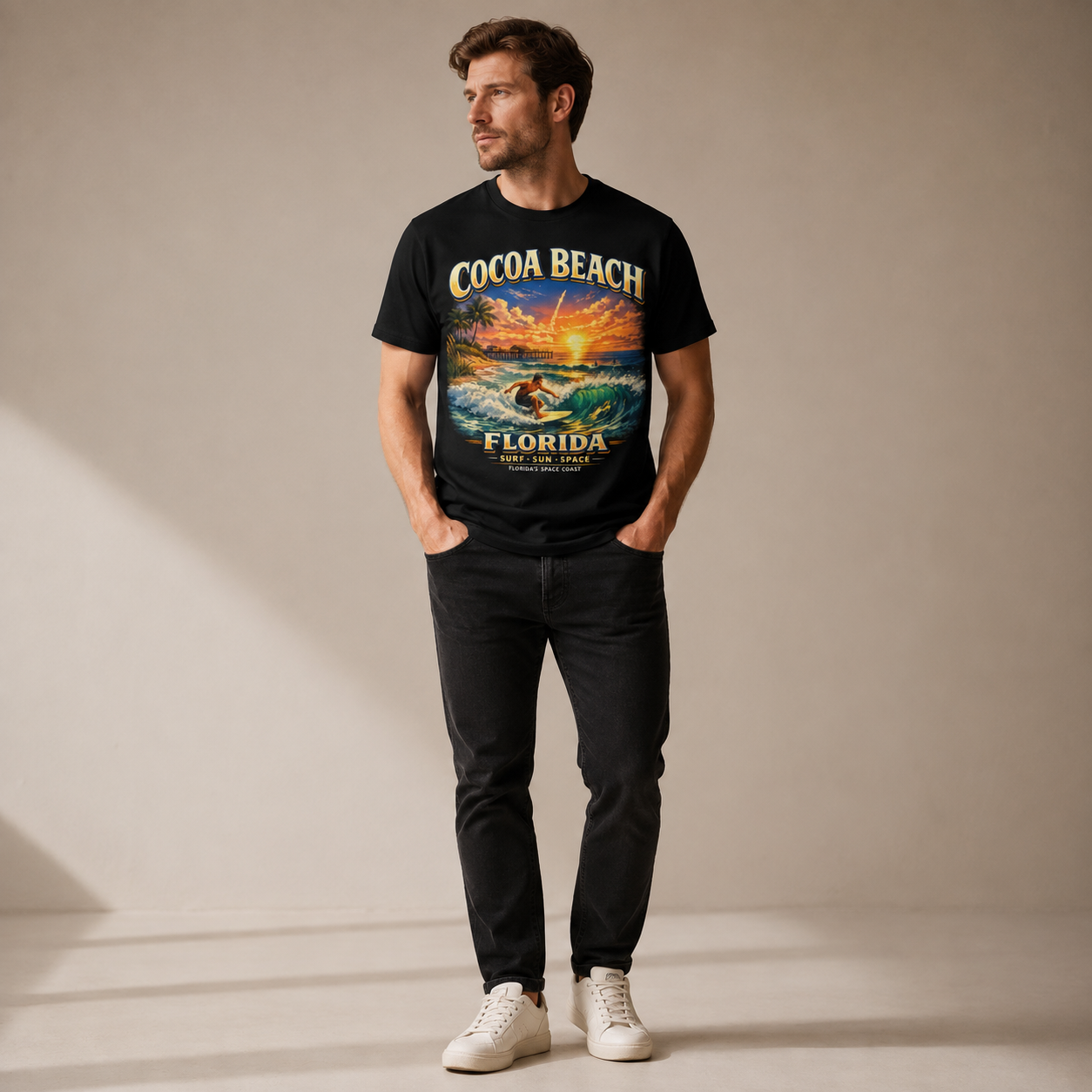 Cocoa Beach Florida Shirt, Vintage Surfing T-Shirt, Space Coast Rocket Launch Tee, Beach Vacation Gift, Florida Surfer Graphic Tee.
