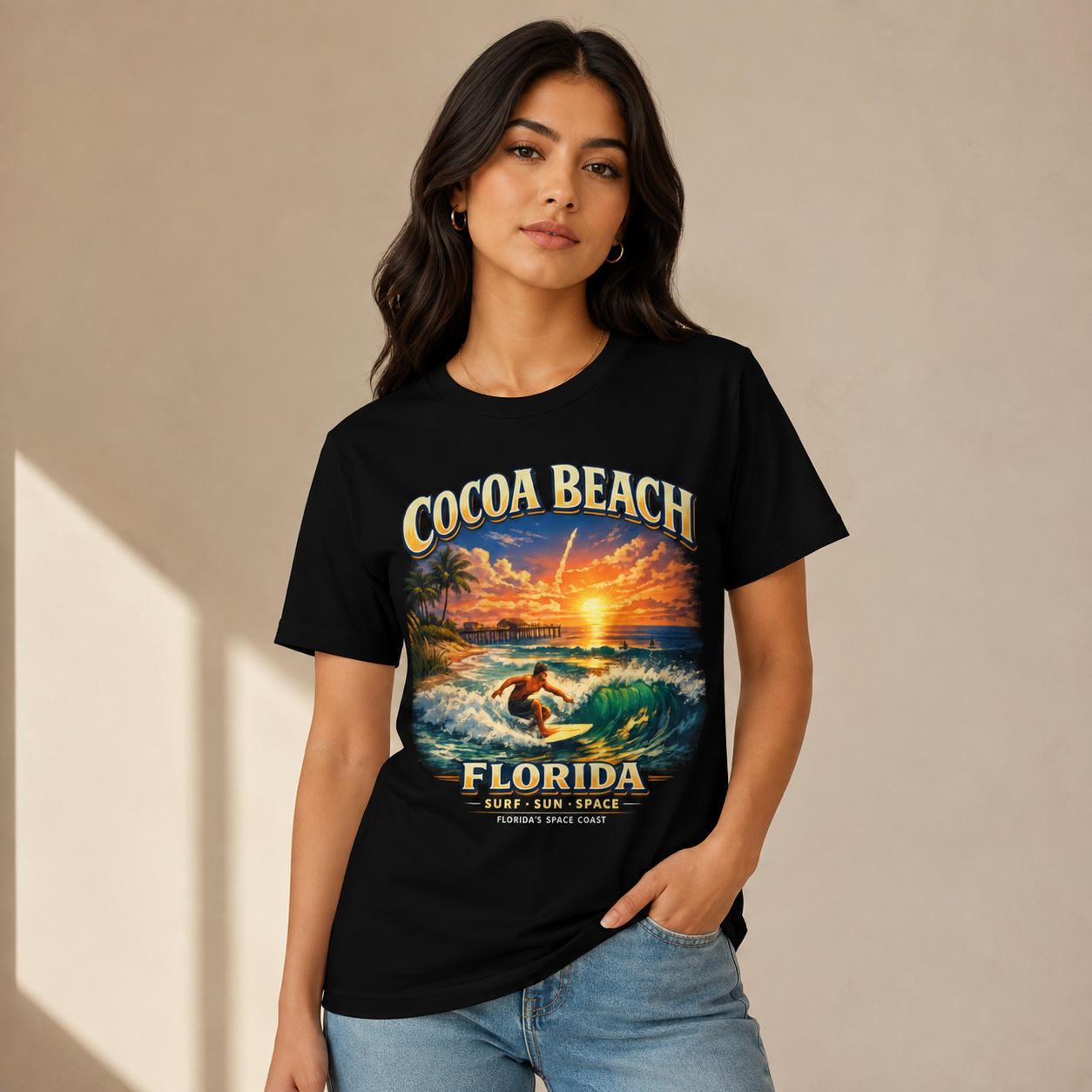 Cocoa Beach Florida Shirt, Vintage Surfing T-Shirt, Space Coast Rocket Launch Tee, Beach Vacation Gift, Florida Surfer Graphic Tee.