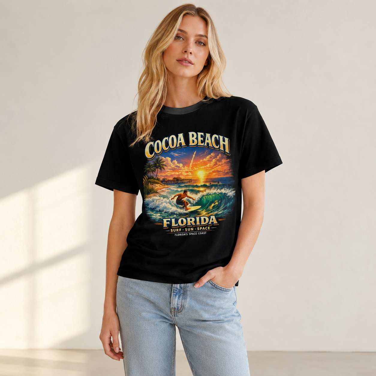 Cocoa Beach Florida Shirt, Vintage Surfing T-Shirt, Space Coast Rocket Launch Tee, Beach Vacation Gift, Florida Surfer Graphic Tee.