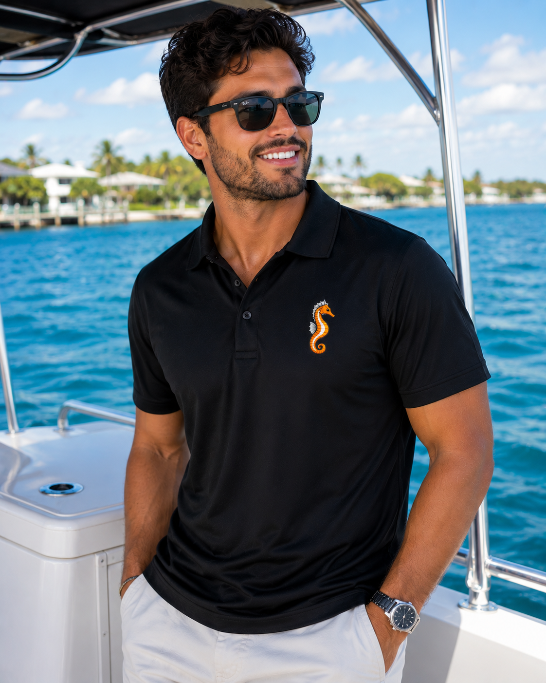 Embroidered Seahorse Polo Shirt Premium Coastal Ocean Polo, Orange Seahorse Marine Life Shirt, Florida Beach & Boating Gift.