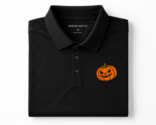 Embroidered Halloween Pumpkin Polo Shirt, Jack O Lantern Polo, Spooky Halloween Shirt, Premium Black Performance Polo, Halloween Golf Shirt.
