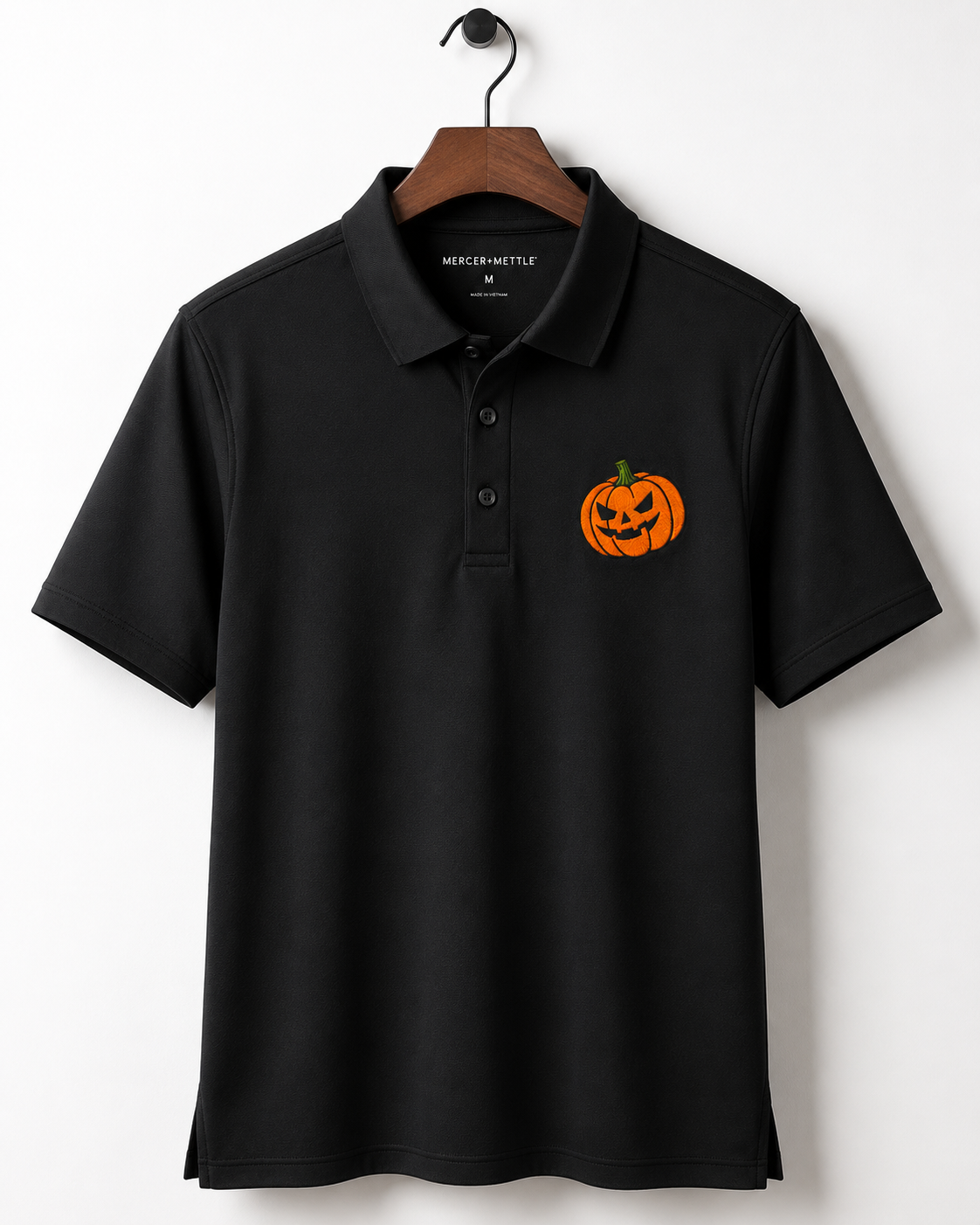 Embroidered Halloween Pumpkin Polo Shirt, Jack O Lantern Polo, Spooky Halloween Shirt, Premium Black Performance Polo, Halloween Golf Shirt.