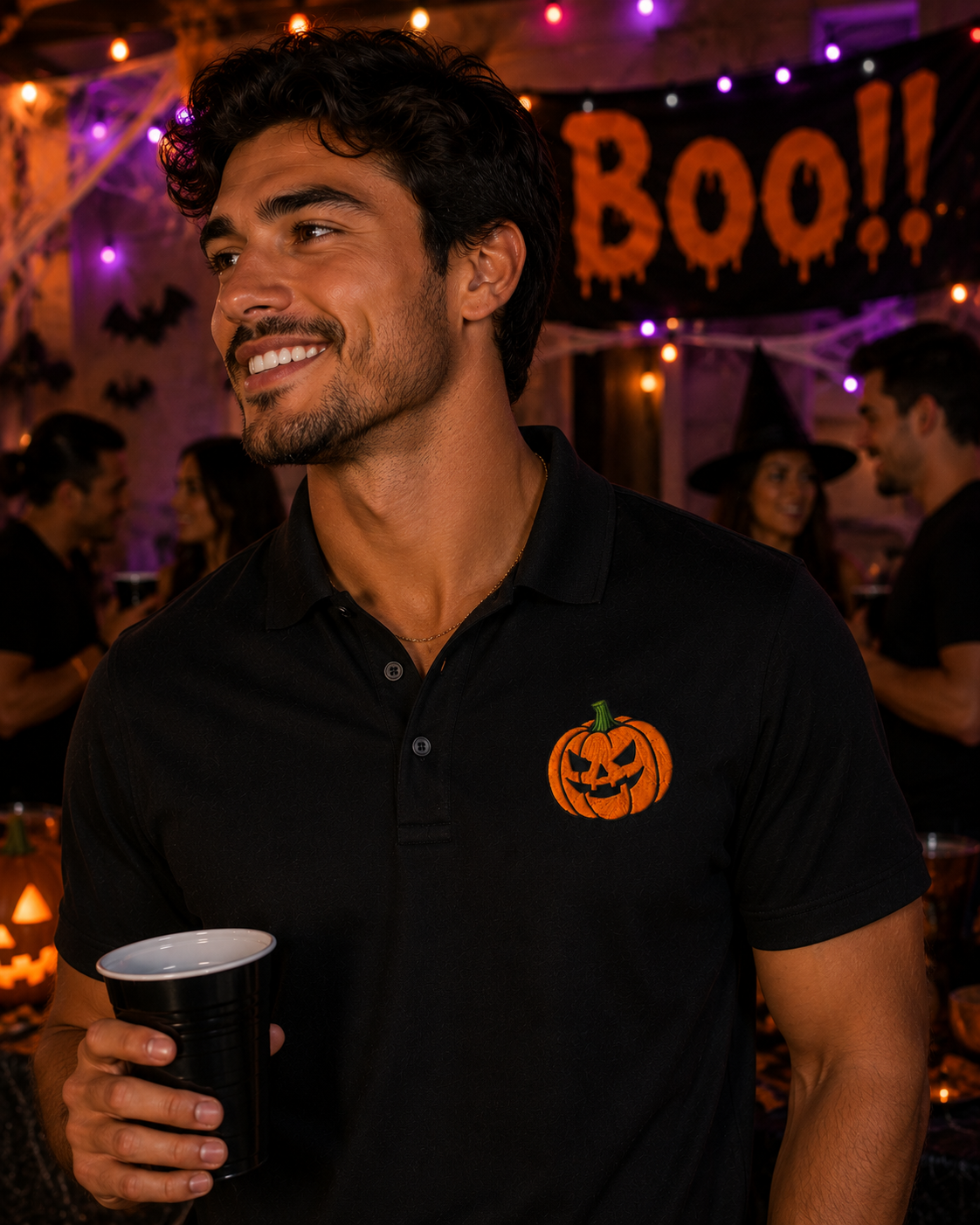 Embroidered Halloween Pumpkin Polo Shirt, Jack O Lantern Polo, Spooky Halloween Shirt, Premium Black Performance Polo, Halloween Golf Shirt.