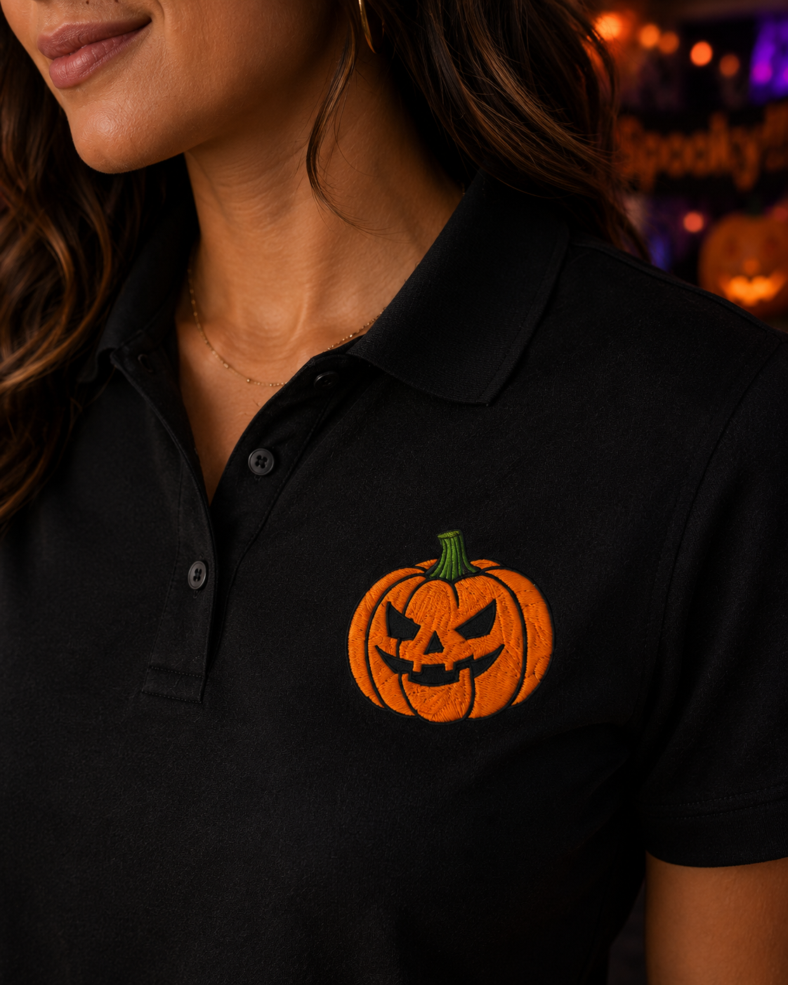 Embroidered Halloween Pumpkin Polo Shirt, Jack O Lantern Polo, Spooky Halloween Shirt, Premium Black Performance Polo, Halloween Golf Shirt.