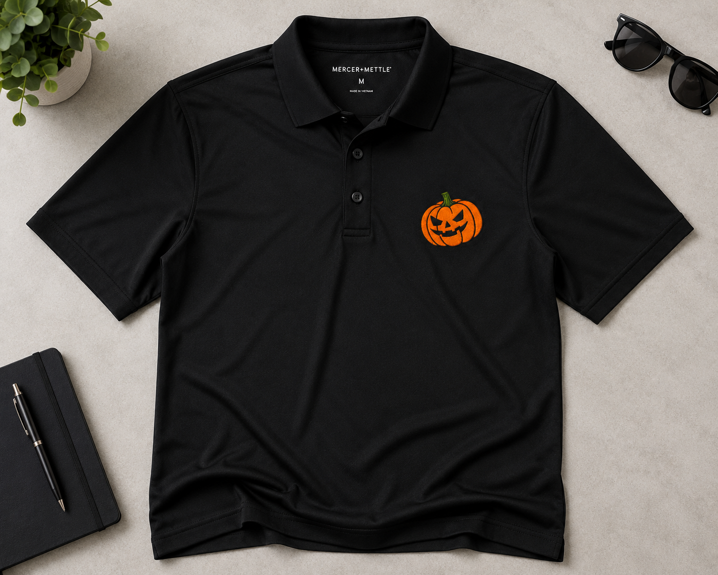 Embroidered Halloween Pumpkin Polo Shirt, Jack O Lantern Polo, Spooky Halloween Shirt, Premium Black Performance Polo, Halloween Golf Shirt.